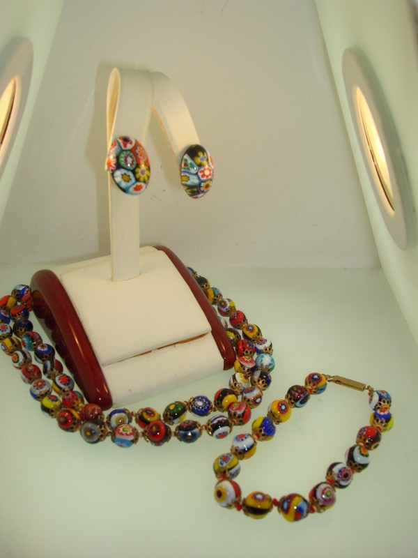 Vintage Italian Millefiori glass necklace, bracelet, and earring set