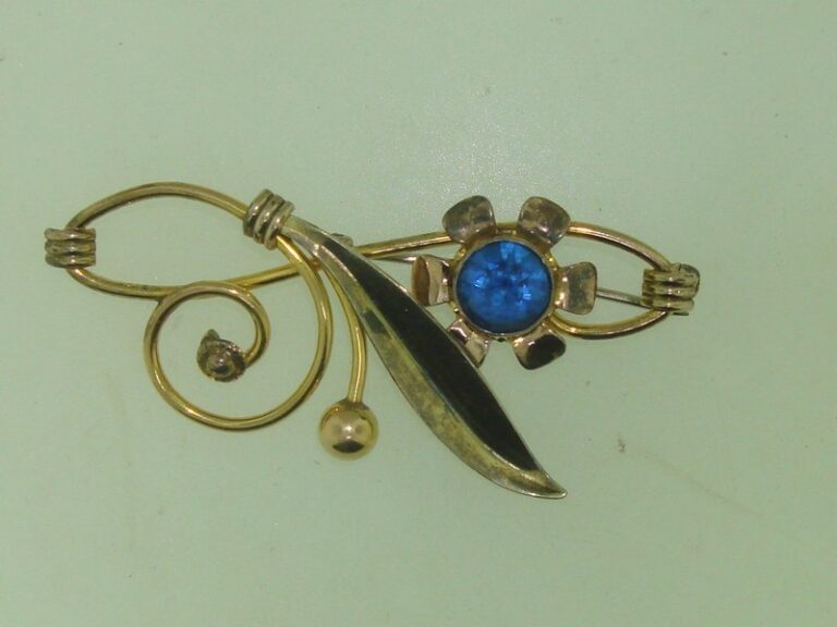 Vintage Van Dell Sterling & Gold Filled Flower Pin with Blue Rhinestone