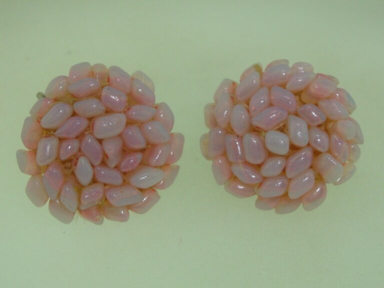Vintage iridescent pink glass bead earrings with clip-on backs.