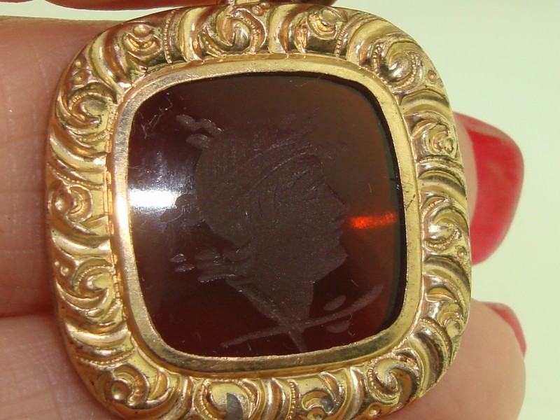 Antique Victorian rose gold filled fob charm with amber glass intaglio of a centurion
