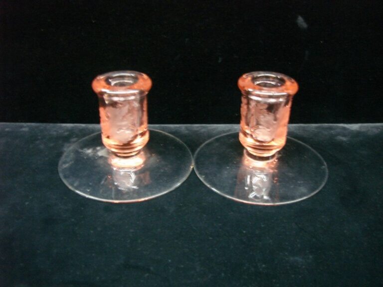 Vintage pink frosted depression glass maple leaf candle holders, a rare pair