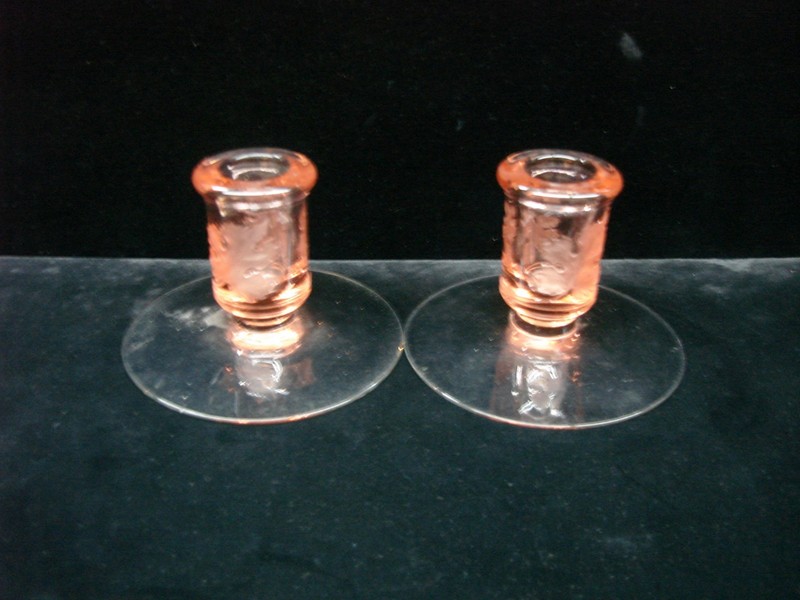 Vintage pink frosted depression glass maple leaf candle holders, a rare pair