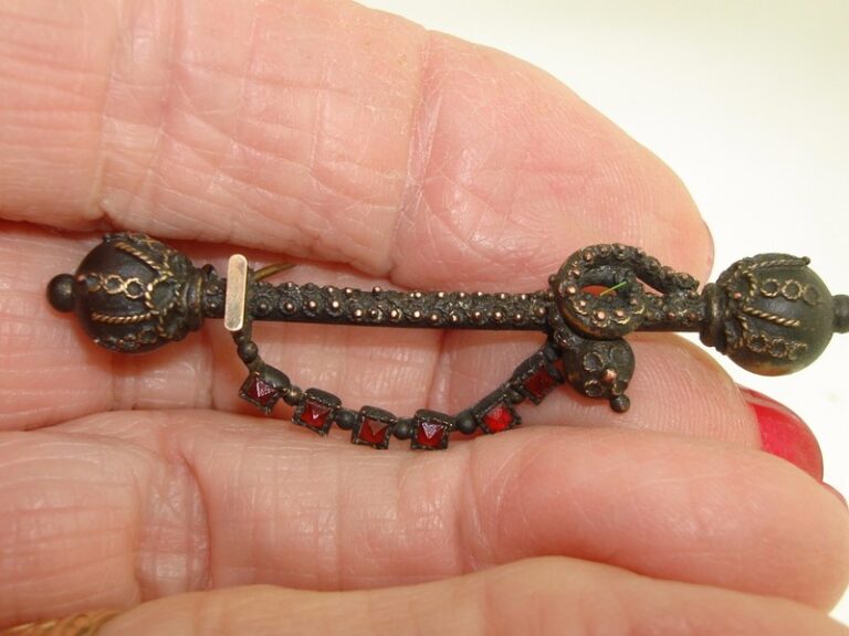 Antique Victorian enamel double scepter pin with red paste stones
