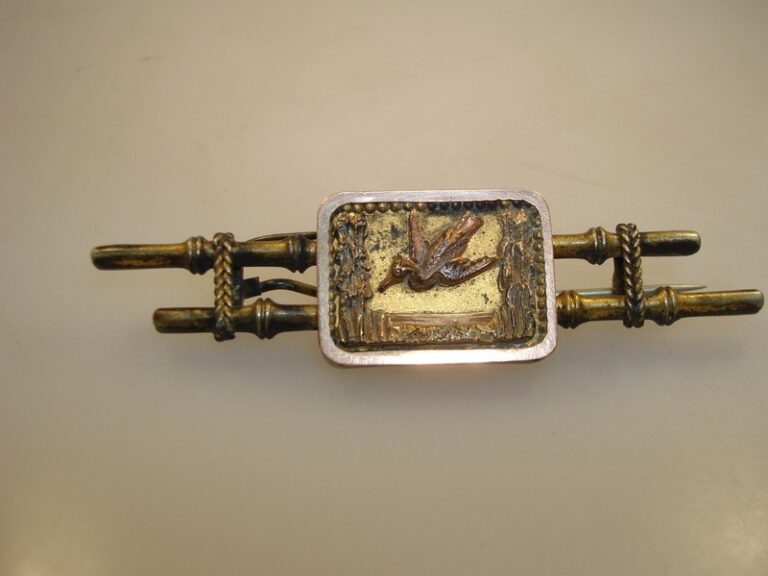 Antique Victorian gold-washed bamboo flying duck pin or brooch