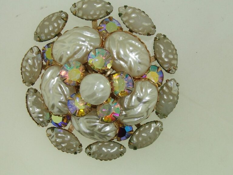 Vintage 1940s-50s molded glass and AB rhinestone pin