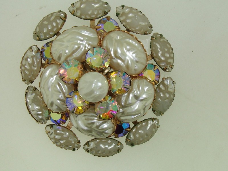 Vintage 1940s-50s molded glass and AB rhinestone pin