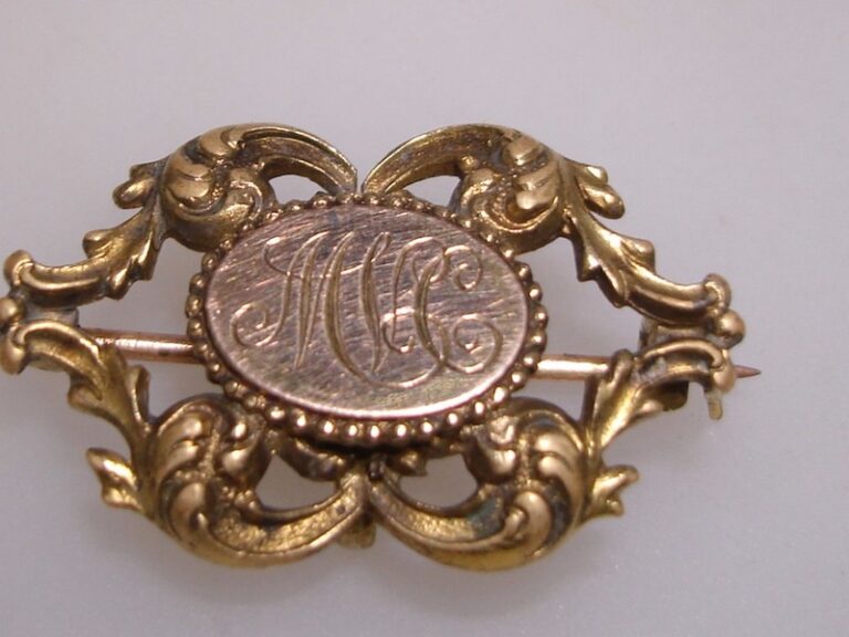 Antique Victorian rose and yellow gold watch pin with Art Nouveau filigree and engraved plaque