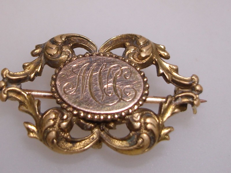 Antique Victorian rose and yellow gold watch pin with Art Nouveau filigree and engraved plaque
