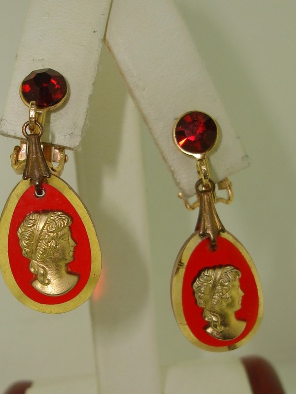 Vintage red glass cameo dangle earrings, 1950s-60s gold tone clip-on