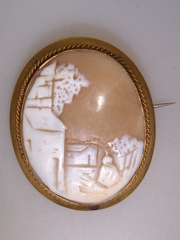 Victorian cameo brooch featuring a portrait of a lady in a full skirt dress, set in a gilt frame.