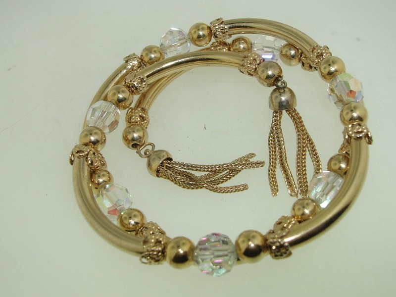 Vintage gold-tone AB crystal fringe bracelet, 1960s bohemian style