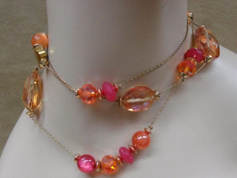 Iridescent gold and pink glass necklace, 42 inches long