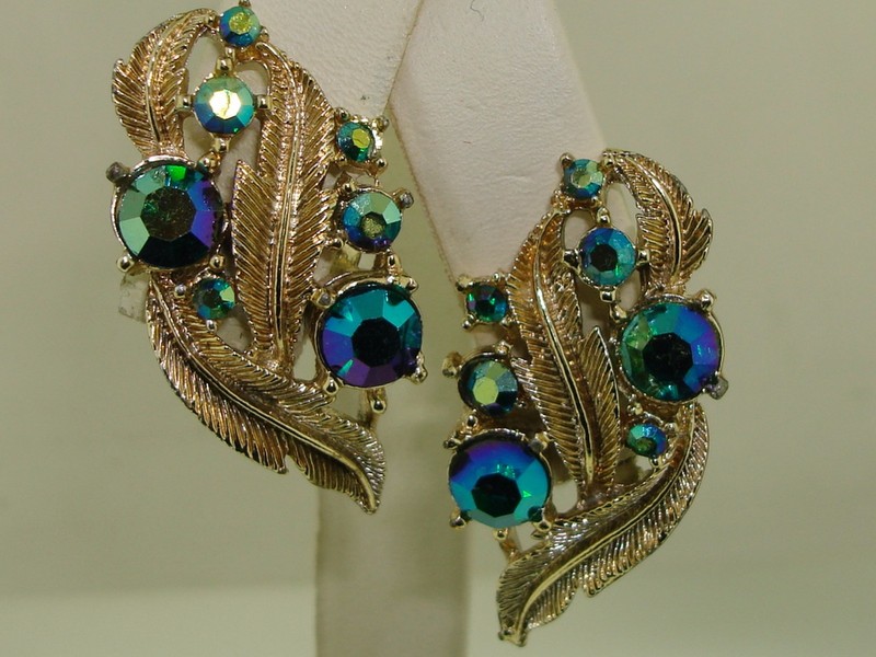 Vintage Coro iridescent blue, green, and gold rhinestone earrings