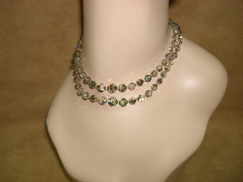 Vintage 1960s iridescent gray AB crystal double strand necklace