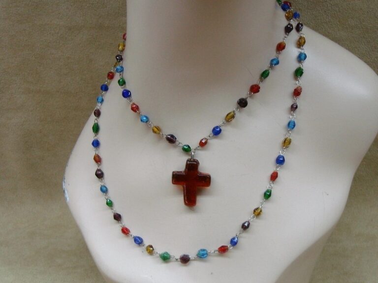 Vintage multi-color glass bicone bead necklace with cross, 1920s-30s