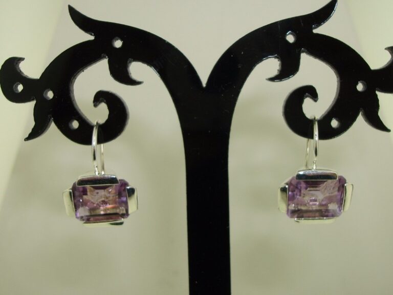 Sterling silver amethyst earrings with emerald cut amethysts, contemporary design