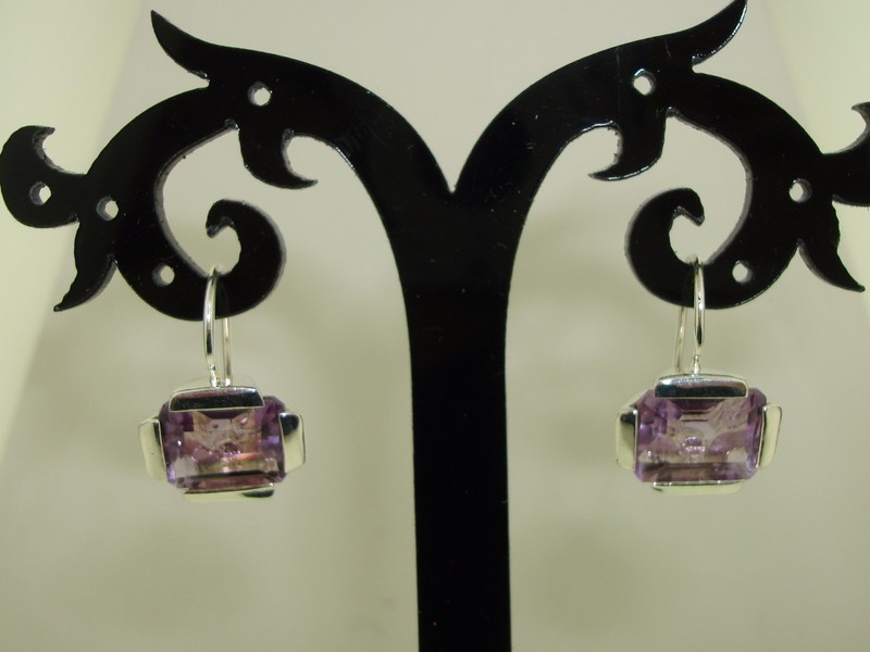 Sterling silver amethyst earrings with emerald cut amethysts, contemporary design