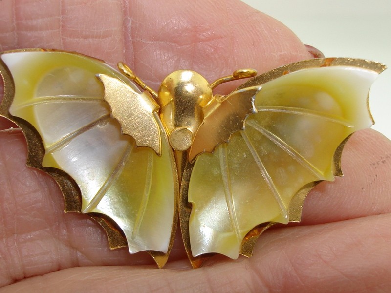 Vintage 1960s carved mother-of-pearl butterfly wing pin, gold tone