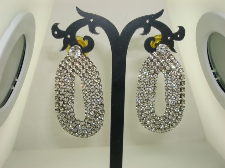 Vintage rhinestone dangle earrings, 1950s-60s, four rows of sparkling rhinestones