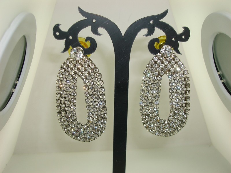 Vintage rhinestone dangle earrings, 1950s-60s, four rows of sparkling rhinestones