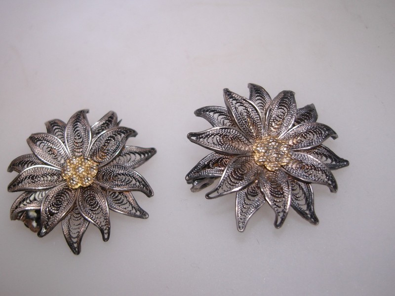 Pair of antique Victorian silver flower pins