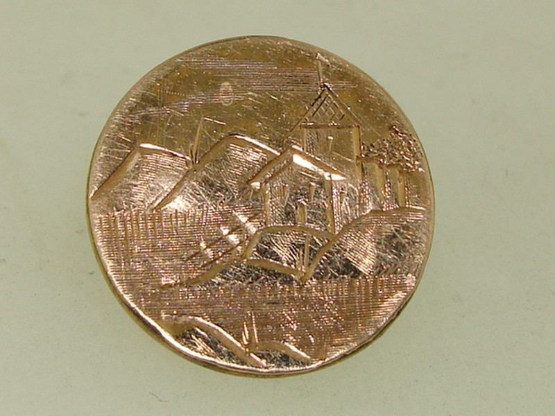 Antique Victorian Rose Gold Collar Button, Hand-Etched Scene