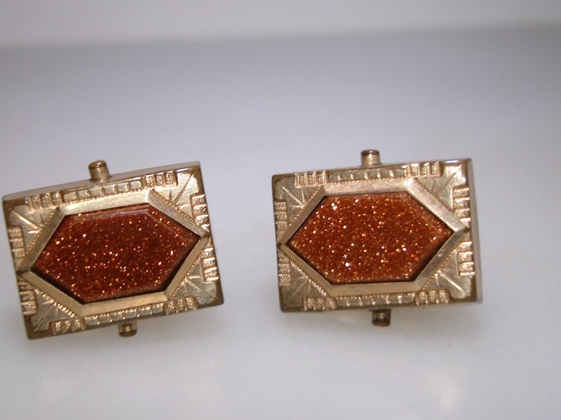 Antique Victorian HA & Co. rose gold filled cuff buttons with goldstone, 1860s