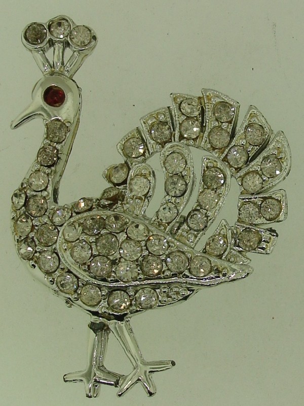 Vintage 1960s silver vermeil peacock rhinestone pin