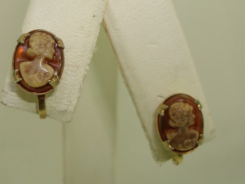 Antique 1920s-30s gold washed sterling lucite cameo earrings with floral design