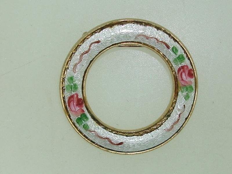 Vintage cloisonné enamel rose pin in gold tone