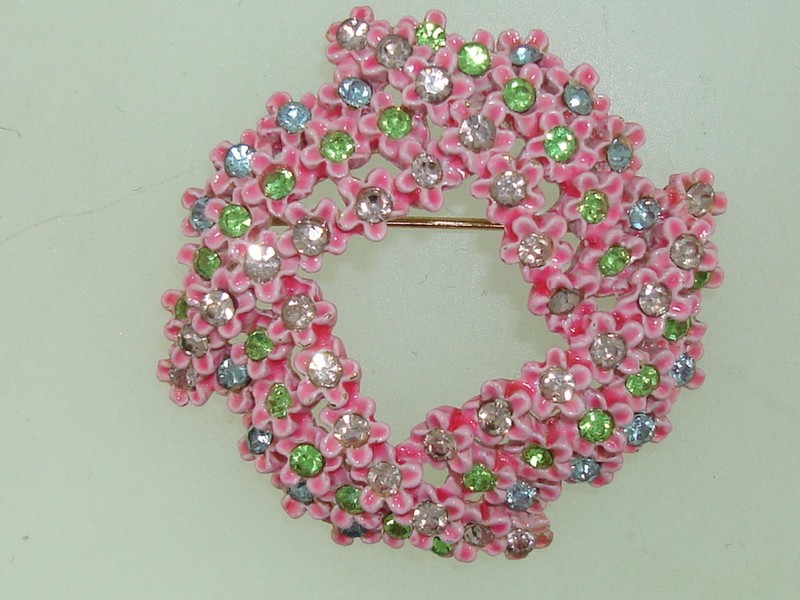 Vintage pink enamel and rhinestone forget-me-not pin signed ART