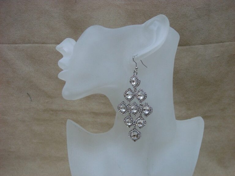 Chandelier rhinestone earrings, 4 inches, silver, foil glass