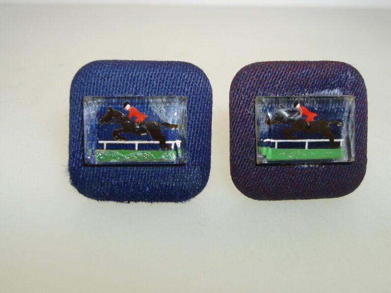 Vintage 1949 Patent Cufflinks featuring a reverse-carved intaglio scene of a horse race.