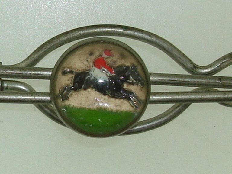 Vintage 1940s silver-tone intaglio tie bar featuring a steeplechase horse and rider