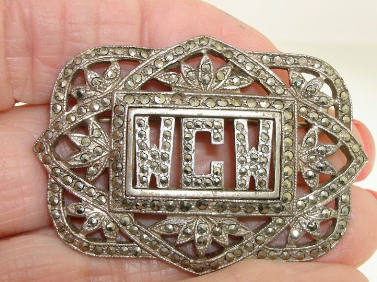Art Deco sterling silver filigree marcasite initial pin brooch with WCW initials