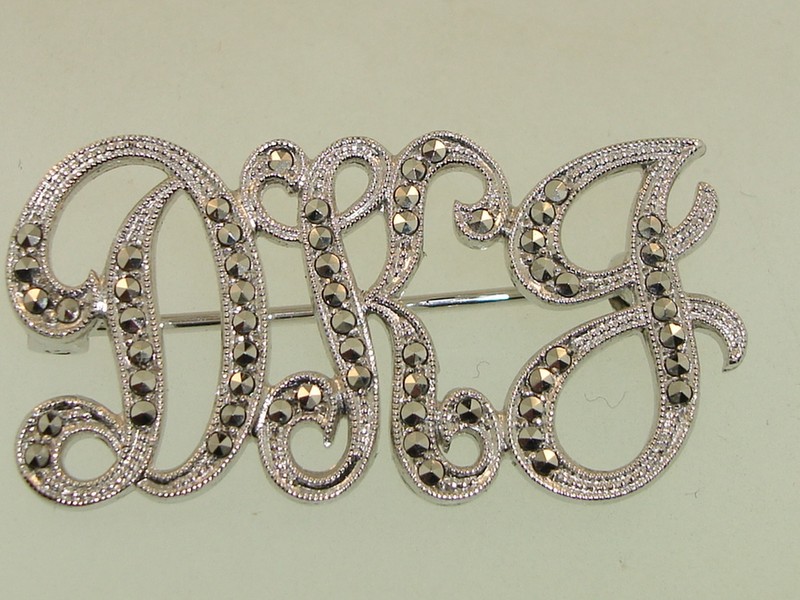 Vintage Sterling Silver Marcasite Initial Pin DKJ