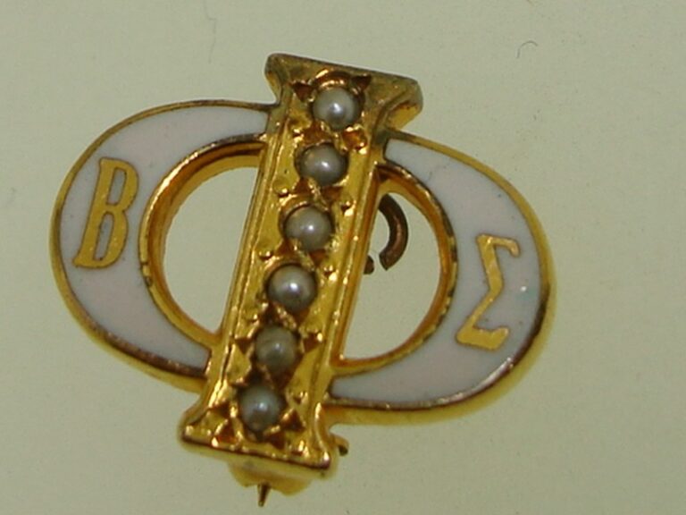 Vintage Balfour Phi Beta Epsilon pin with white enamel, gold-tone accents, and seed pearls