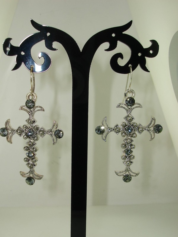Silver filigree cross earrings with rhinestones
