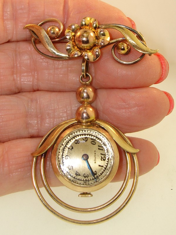 Vintage 1940s tri-color gold-filled watch pin with Croton watch