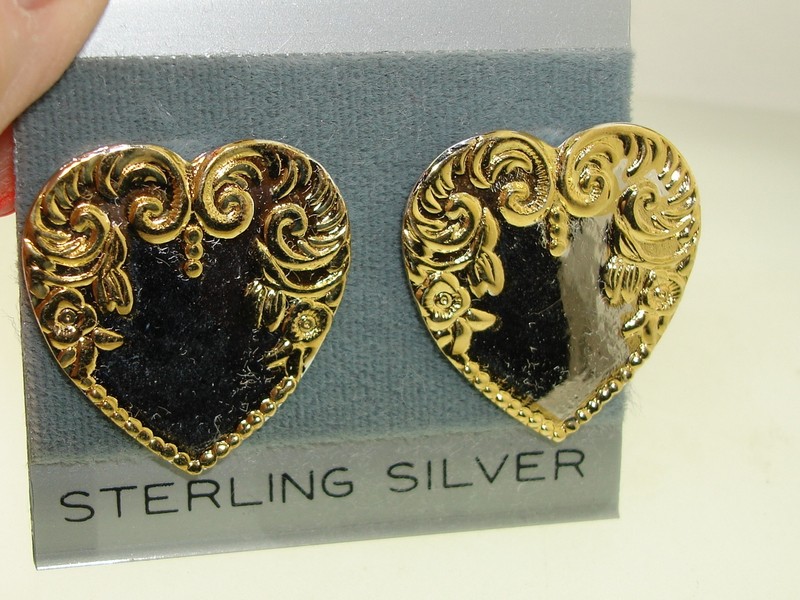 Vintage Sterling Silver Heart Earrings with Gold Trim