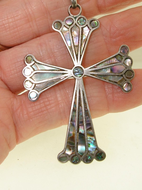 Vintage Mexico Sterling Silver Cross with Abalone Inlay