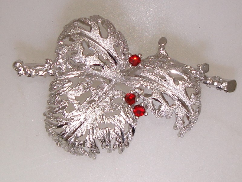 Vintage sterling silver and rhinestone leaf pin, 1960s-70s