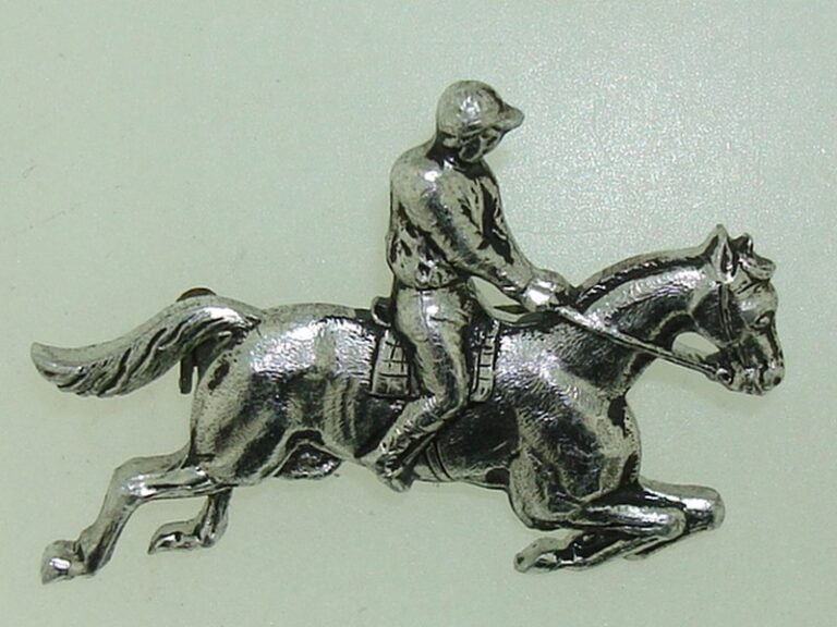 Vintage silver jockey on horseback pin, made in France