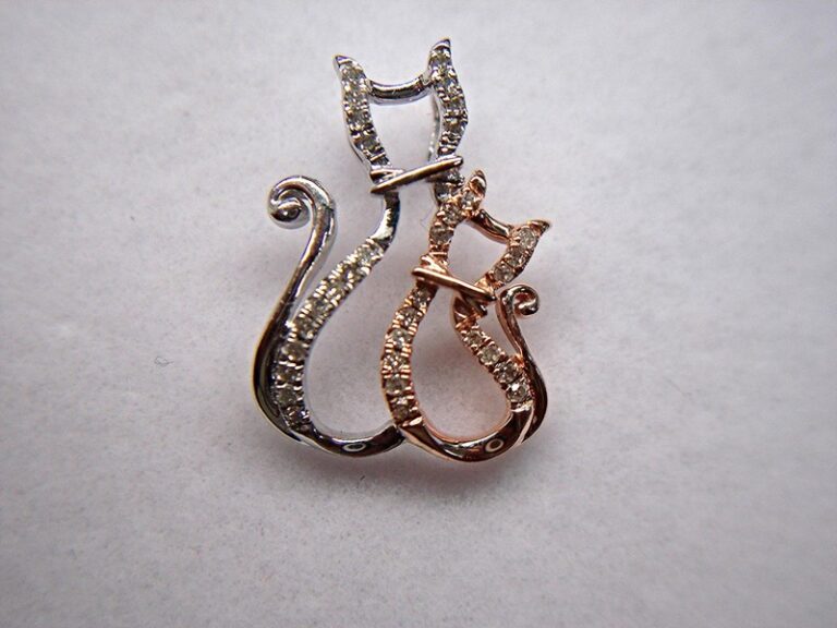 Diamond cat and kitten slide pendant in sterling silver and 14k rose gold