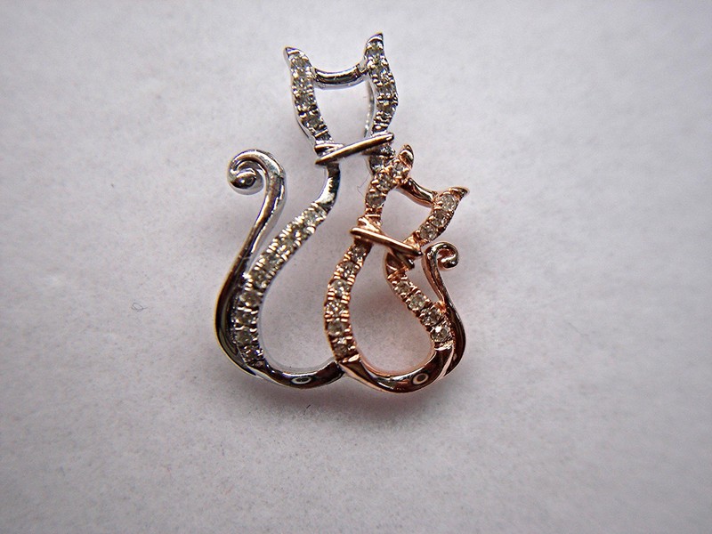 Diamond cat and kitten slide pendant in sterling silver and 14k rose gold
