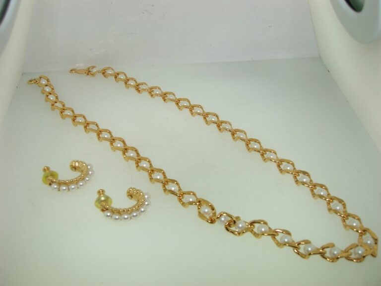 Vintage Napier gold tone faux pearl necklace and earrings set from the 1970s or 1980s