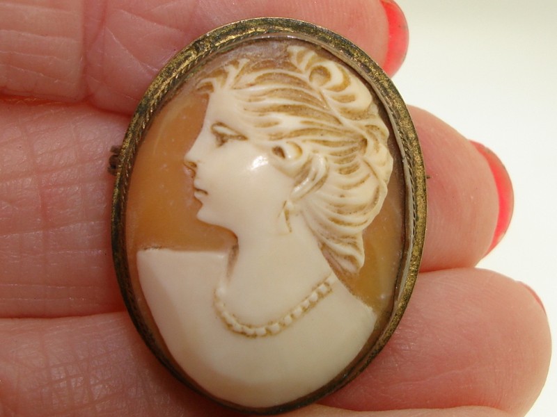 Antique Art Nouveau shell cameo pin pendant with gold wash, featuring a portrait of a lady.