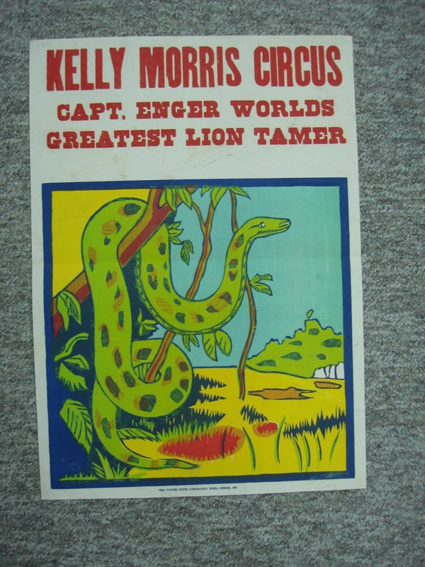 Vintage Kelly Morris Circus poster featuring Captain Enger, the World's Greatest Lion Tamer, and a snake.