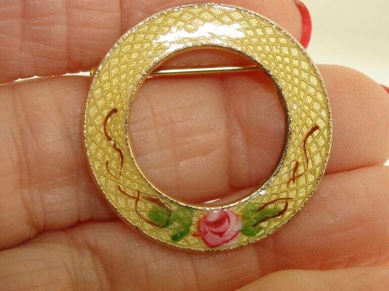 Vintage guilloche enamel rose pin, 1940s-50s, bright yellow and pink