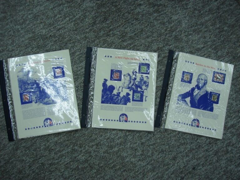 Three double-sided pages of U.S. history postage stamps from the Postal Commemorative Society